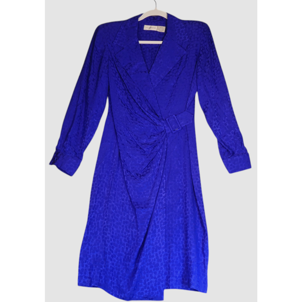 Vintage Liz Claiborne Wrap Dress Womens 10P Petite Blue 100% Silk Shoulder Pads - Picture 2 of 13